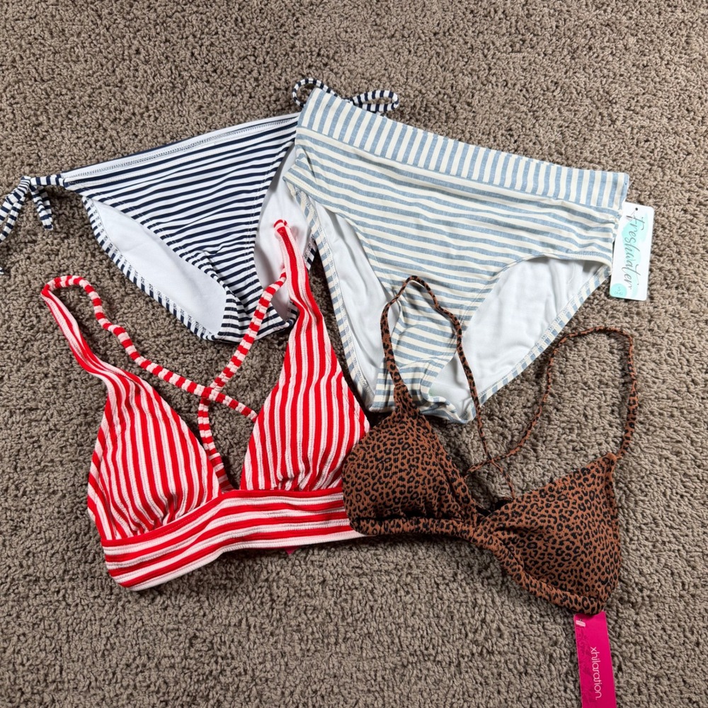 Swimwear Lot NWT 4pc Striped Leopard Bikini Tops Bottoms beach coastal vacation